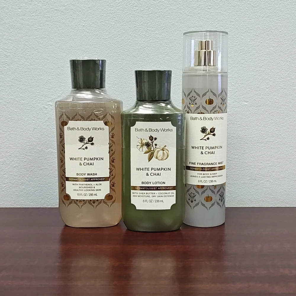 Bath & Body Works WHITE PUMPKIN & CHAI 3 Piece Body Care Bundle Set